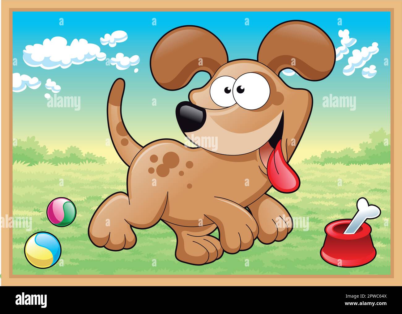 Dog is running in meadow with his toys, vector cartoon illustration Stock Vector