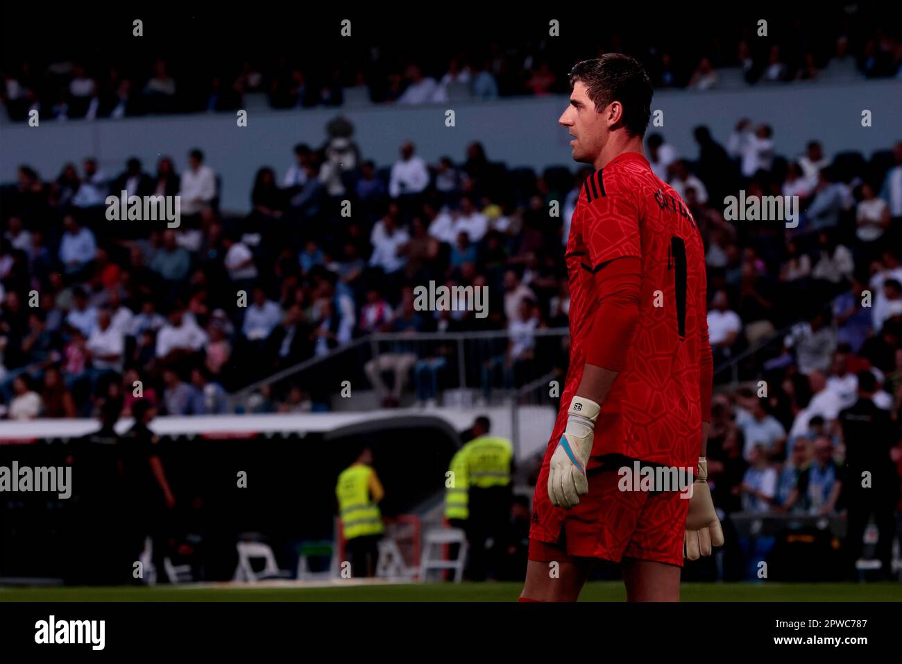 Madrid, Spain. 29th Apr, 2023. Madrid, Spain, 29.04.2023.- Real Madrid goalkeeper Courtais Real Madrid vs Almeria match of the Spanish Soccer League on matchday 32 held at the Santiago Bernabeu Stadium in the capital of the Kingdom of Spain. Final result 4-2. Real Madrid goals from Benzema 2 ,17 , 42 (P), Rodrygo 47 . Goals from Almeria Lazaro Vinicius 40' 5, and Lucas Robertone 61' Credit: Juan Carlos Rojas/dpa/Alamy Live News Stock Photo
