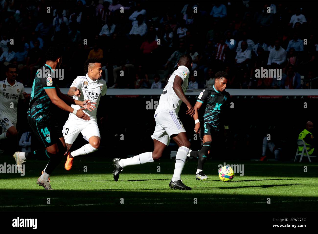 Madrid, Spain. 29th Apr, 2023. Madrid, Spain, 29.04.2023.- Almeria player Ramazani shot. Real Madrid vs Almeria match of the Spanish Soccer League on matchday 32 held at the Santiago Bernabeu Stadium in the capital of the Kingdom of Spain. Final result 4-2. Real Madrid goals from Benzema 2 ,17 , 42 (P), Rodrygo 47 . Goals from Almeria Lazaro Vinicius 40' 5, and Lucas Robertone 61' Credit: Juan Carlos Rojas/dpa/Alamy Live News Stock Photo