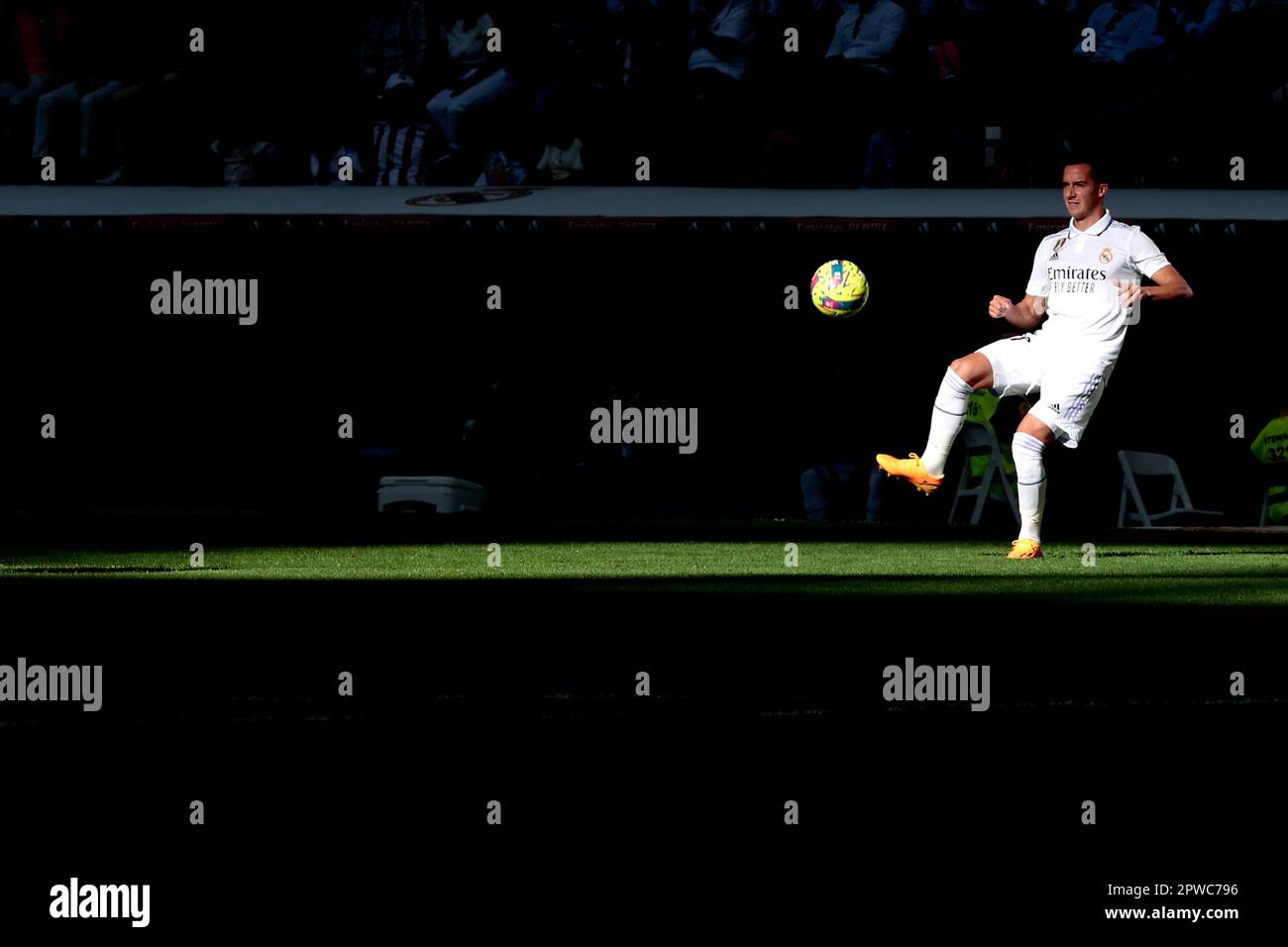 Madrid, Spain. 29th Apr, 2023. Madrid, Spain, 29.04.2023.- Real Madrid player Eden Hazard Real Madrid vs Almeria match of the Spanish Soccer League on matchday 32 held at the Santiago Bernabeu Stadium in the capital of the Kingdom of Spain. Final result 4-2. Real Madrid goals from Benzema 2 ,17 , 42 (P), Rodrygo 47 . Goals from Almeria Lazaro Vinicius 40' 5, and Lucas Robertone 61' Credit: Juan Carlos Rojas/dpa/Alamy Live News Stock Photo