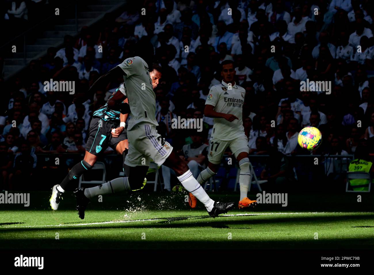 Madrid, Spain. 29th Apr, 2023. Madrid, Spain, 29.04.2023.- Almeria player Ramazani shot. Real Madrid vs Almeria match of the Spanish Soccer League on matchday 32 held at the Santiago Bernabeu Stadium in the capital of the Kingdom of Spain. Final result 4-2. Real Madrid goals from Benzema 2 ,17 , 42 (P), Rodrygo 47 . Goals from Almeria Lazaro Vinicius 40' 5, and Lucas Robertone 61' Credit: Juan Carlos Rojas/dpa/Alamy Live News Stock Photo