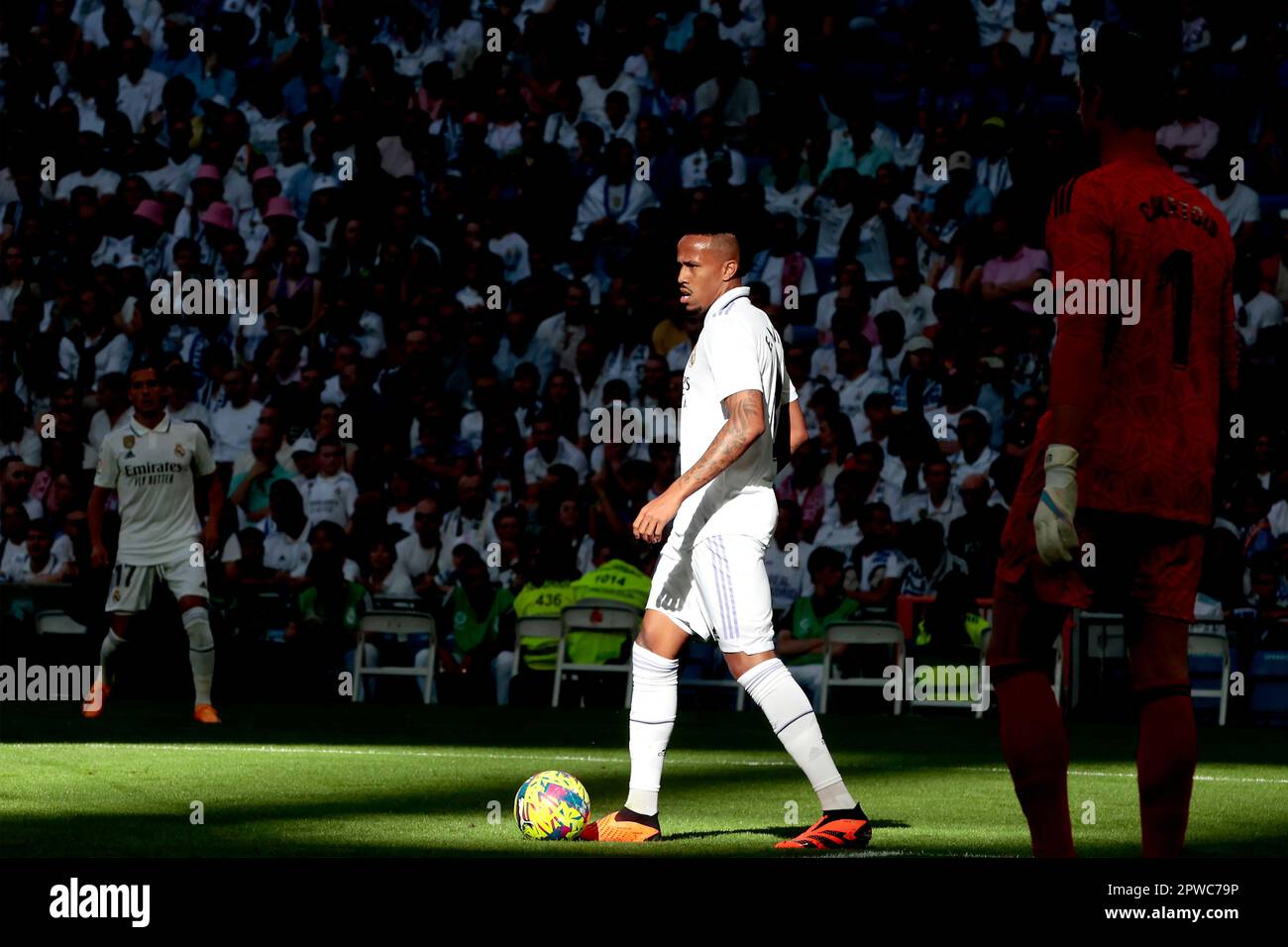 Madrid, Spain. 29th Apr, 2023. Madrid, Spain, 29.04.2023.- Real Madrid player Militao Real Madrid vs Almeria match of the Spanish Soccer League on matchday 32 held at the Santiago Bernabeu Stadium in the capital of the Kingdom of Spain. Final result 4-2. Real Madrid goals from Benzema 2 ,17 , 42 (P), Rodrygo 47 . Goals from Almeria Lazaro Vinicius 40' 5, and Lucas Robertone 61' Credit: Juan Carlos Rojas/dpa/Alamy Live News Stock Photo