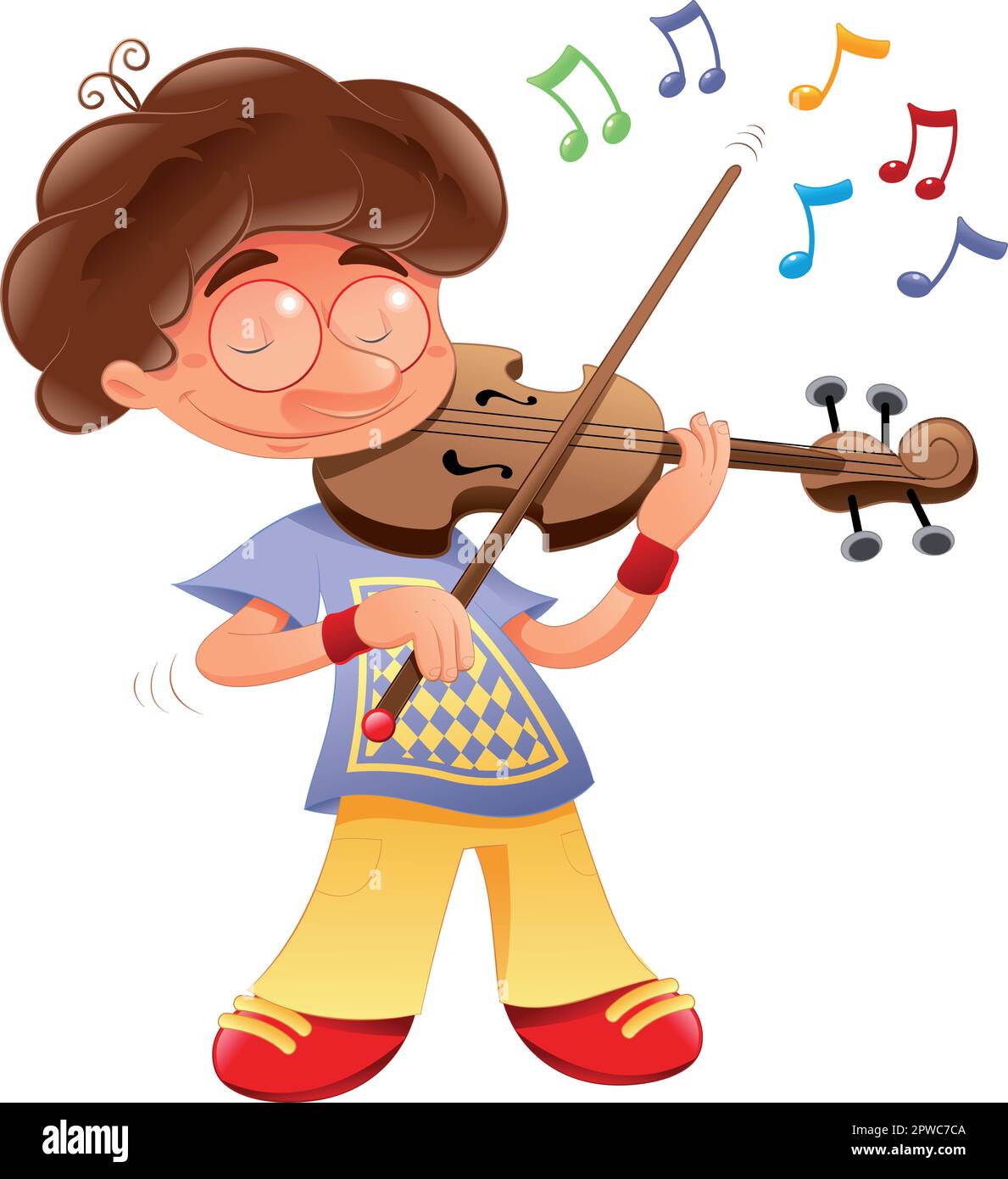 Baby musician is playing his violin. Funny cartoon and vector