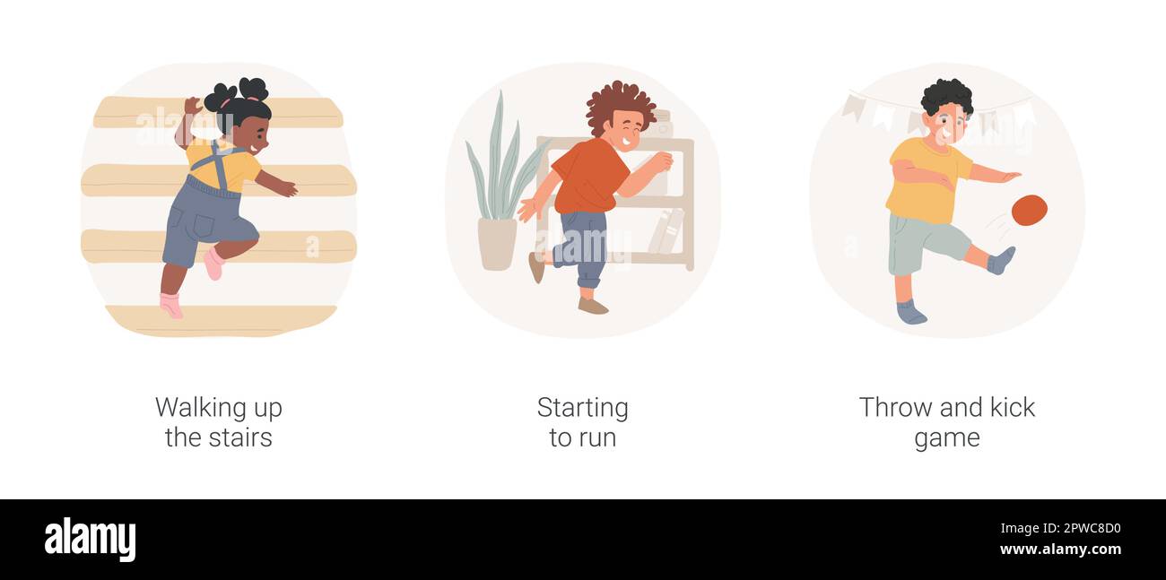 Toddler physical skills isolated cartoon vector illustration set