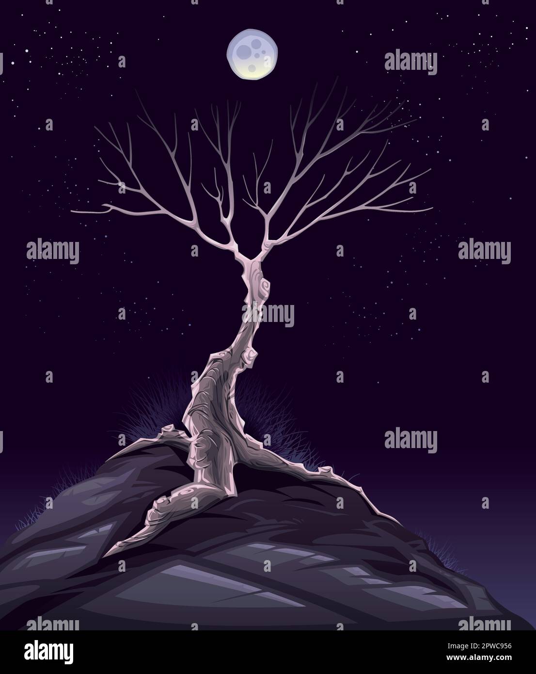 Landscape with tree in the night. Vector illustration Stock Vector ...