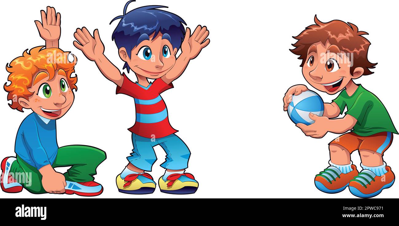 Three kids are playing. Funny cartoon and vector characters Stock