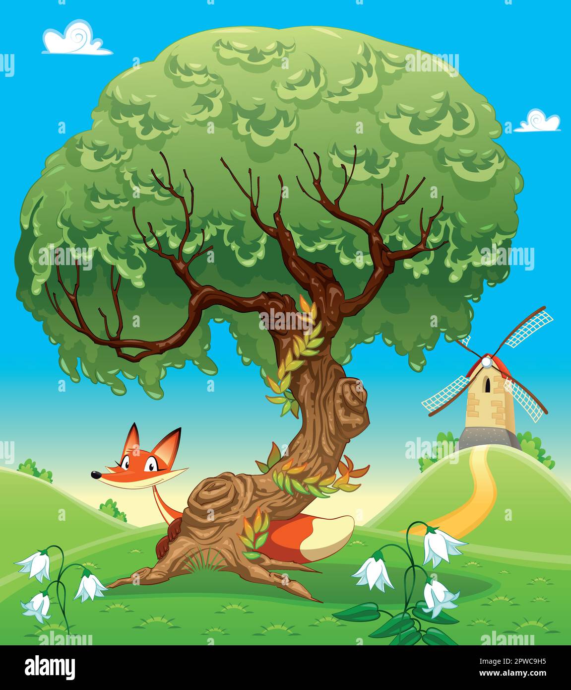 Landscape with fox behind the tree. Funny cartoon and vector