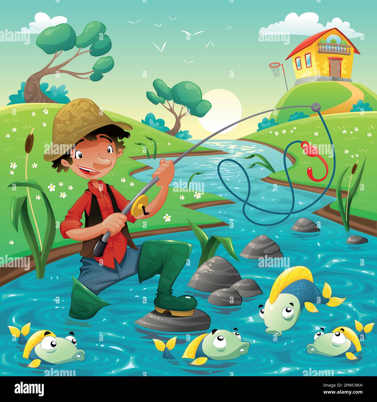 Animated fisherman with fishing rod. Recreation outdoors. Youth
