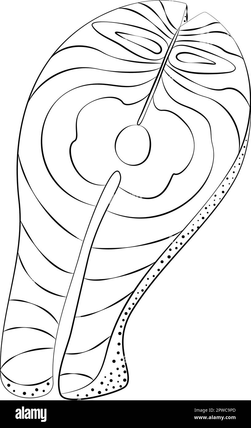 Outline hand drawing of salmon steak in cartoon style. Seafood. Eating ...