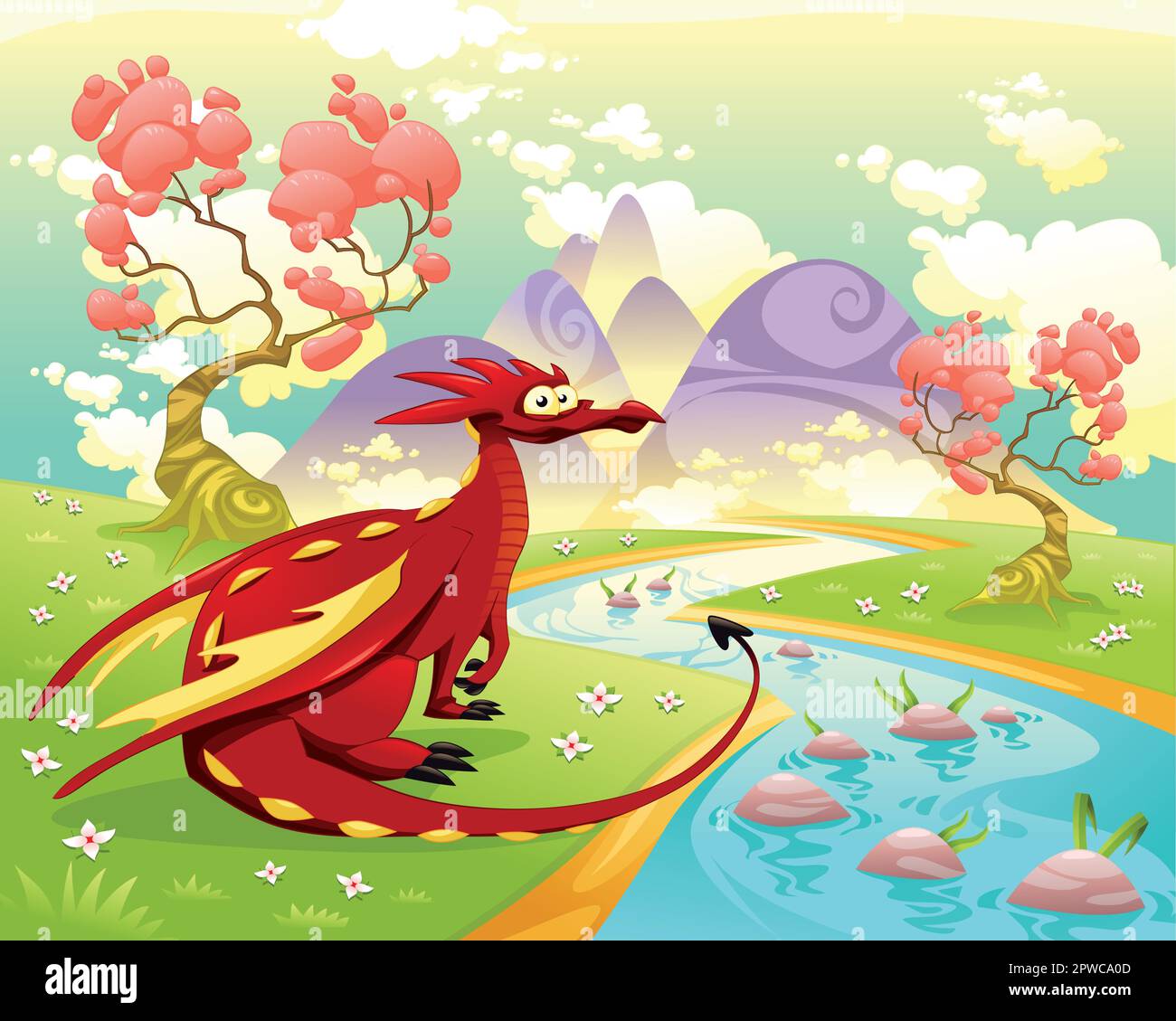 Dragon in landscape. Cartoon and vector illustration, isolated objects. Stock Vector