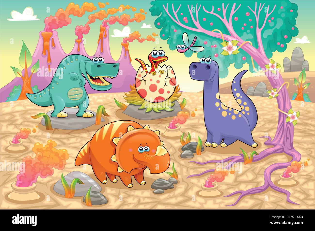 Group of funny dinosaurs in a prehistoric landscape. Cartoon and vector isolated characters on background Stock Vector