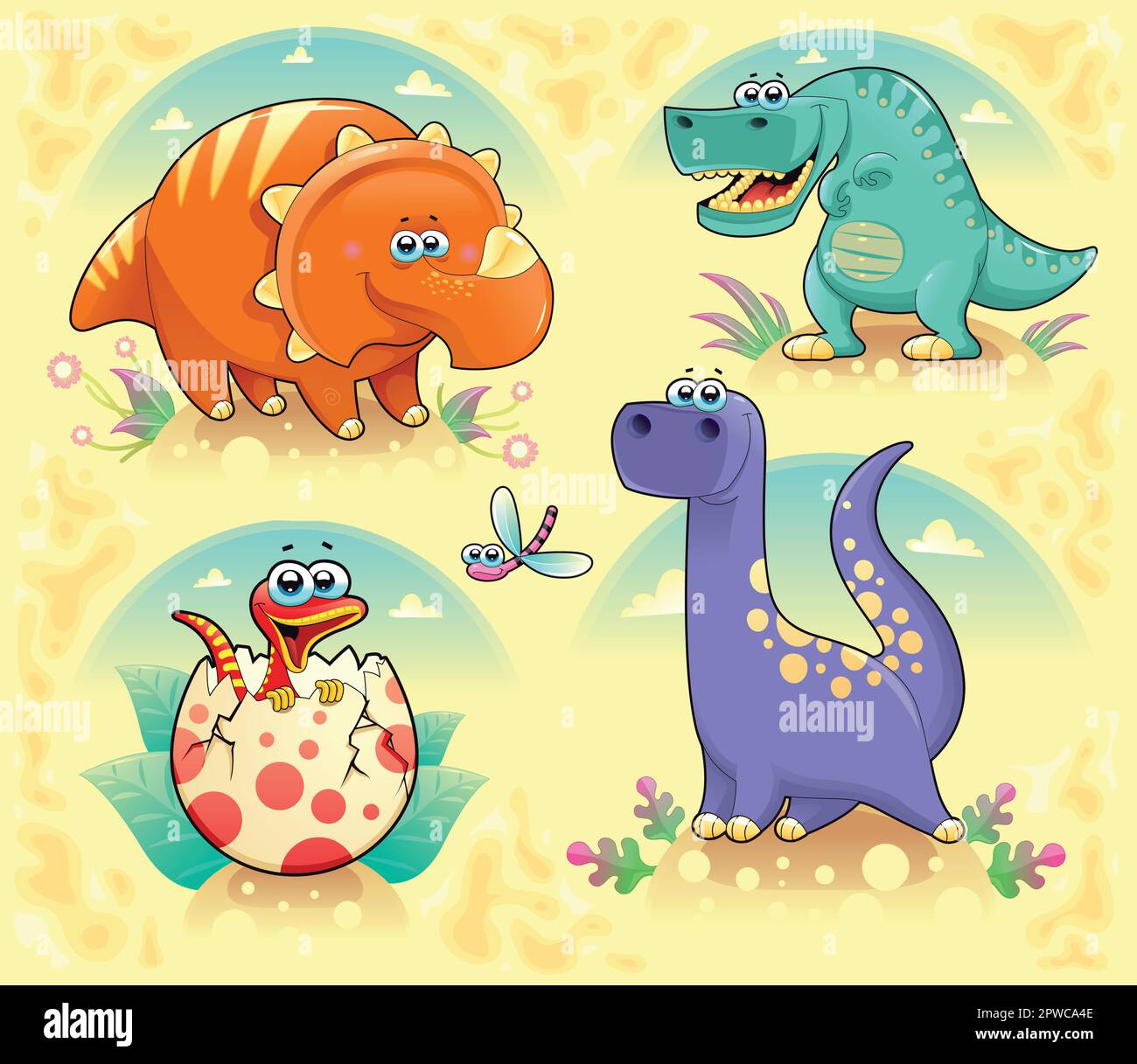 Group of funny dinosaurs. Cartoon and vector isolated characters on background Stock Vector