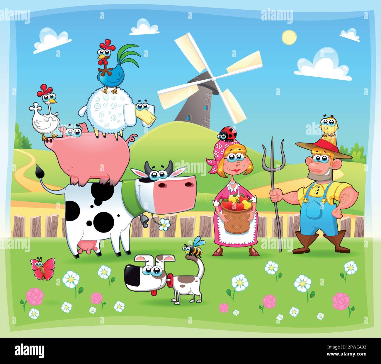 Funny farm family. Cartoon and vector illustration. Eps file contains