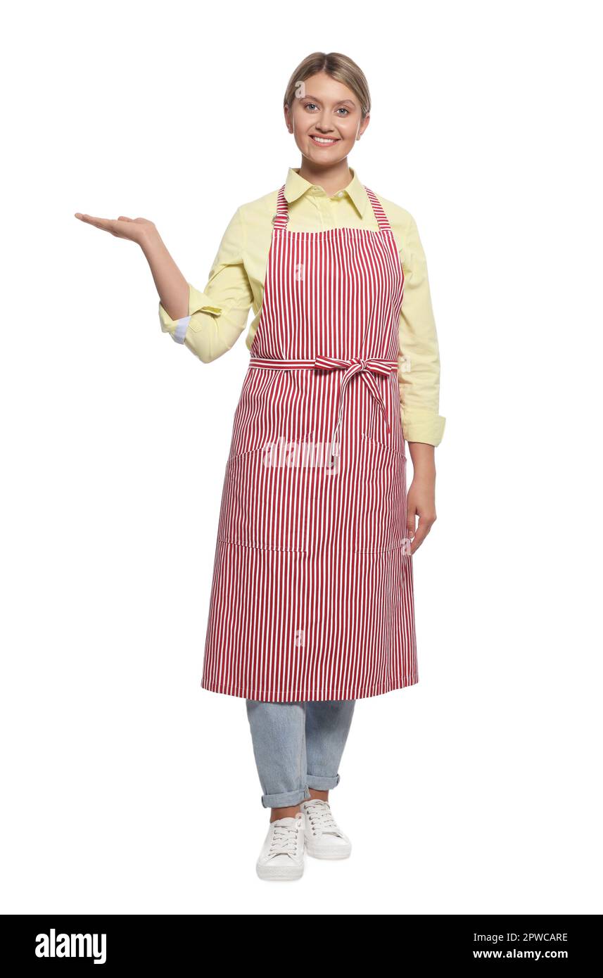 Beautiful young woman in clean striped apron on white background Stock ...