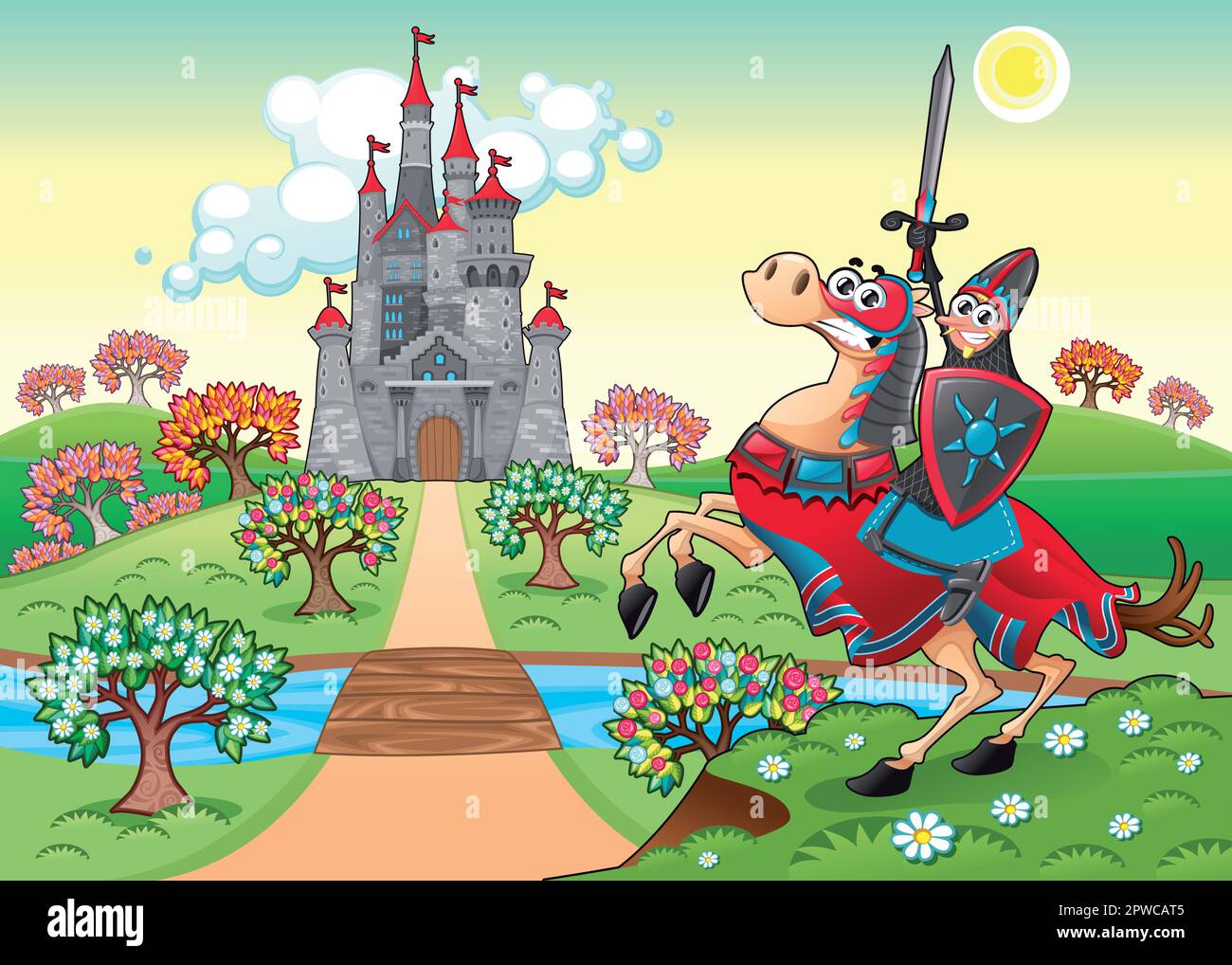 Panorama with medieval castle and knight. Cartoon and vector illustration. Stock Vector