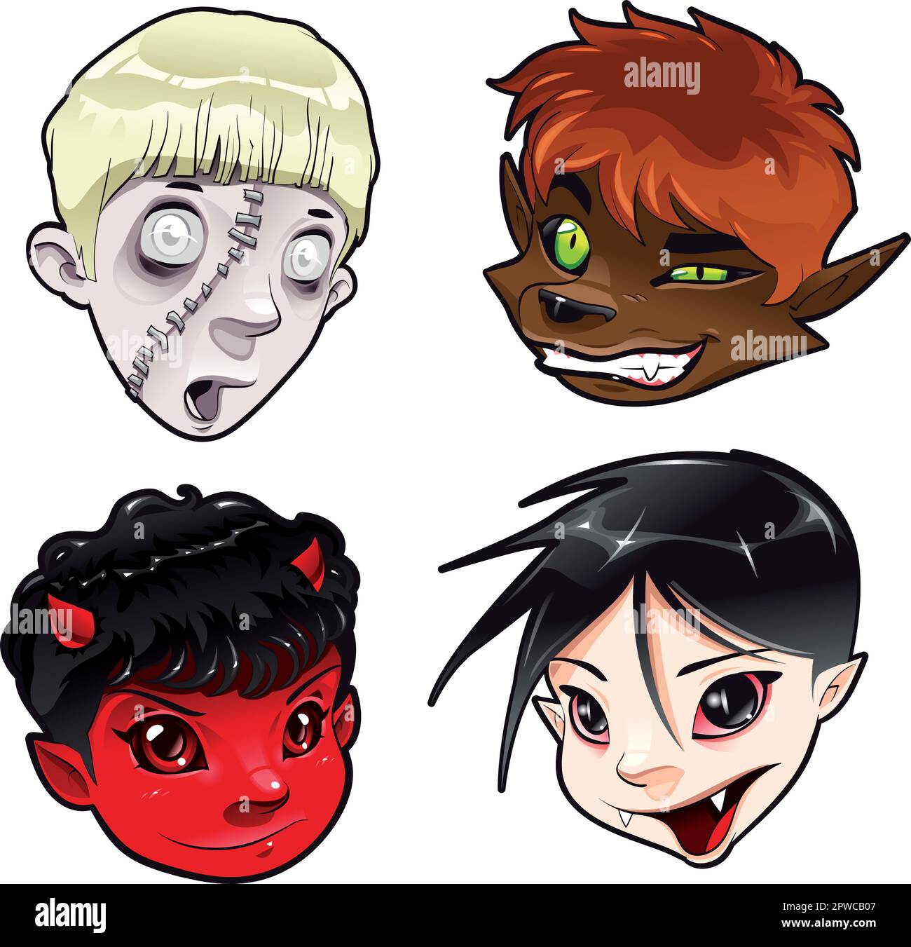 Zombie, Werewolf, Devil and Vampire. Cartoon and vector isolated characters. Stock Vector