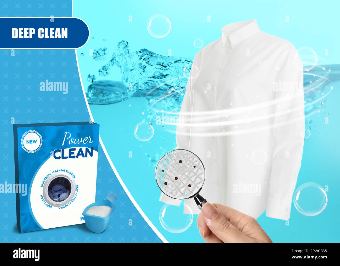 Powdered laundry detergent advertisement design. Woman looking through