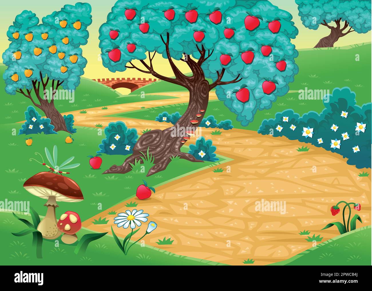 Wood with fruit trees. Funny cartoon and vector illustration Stock Vector