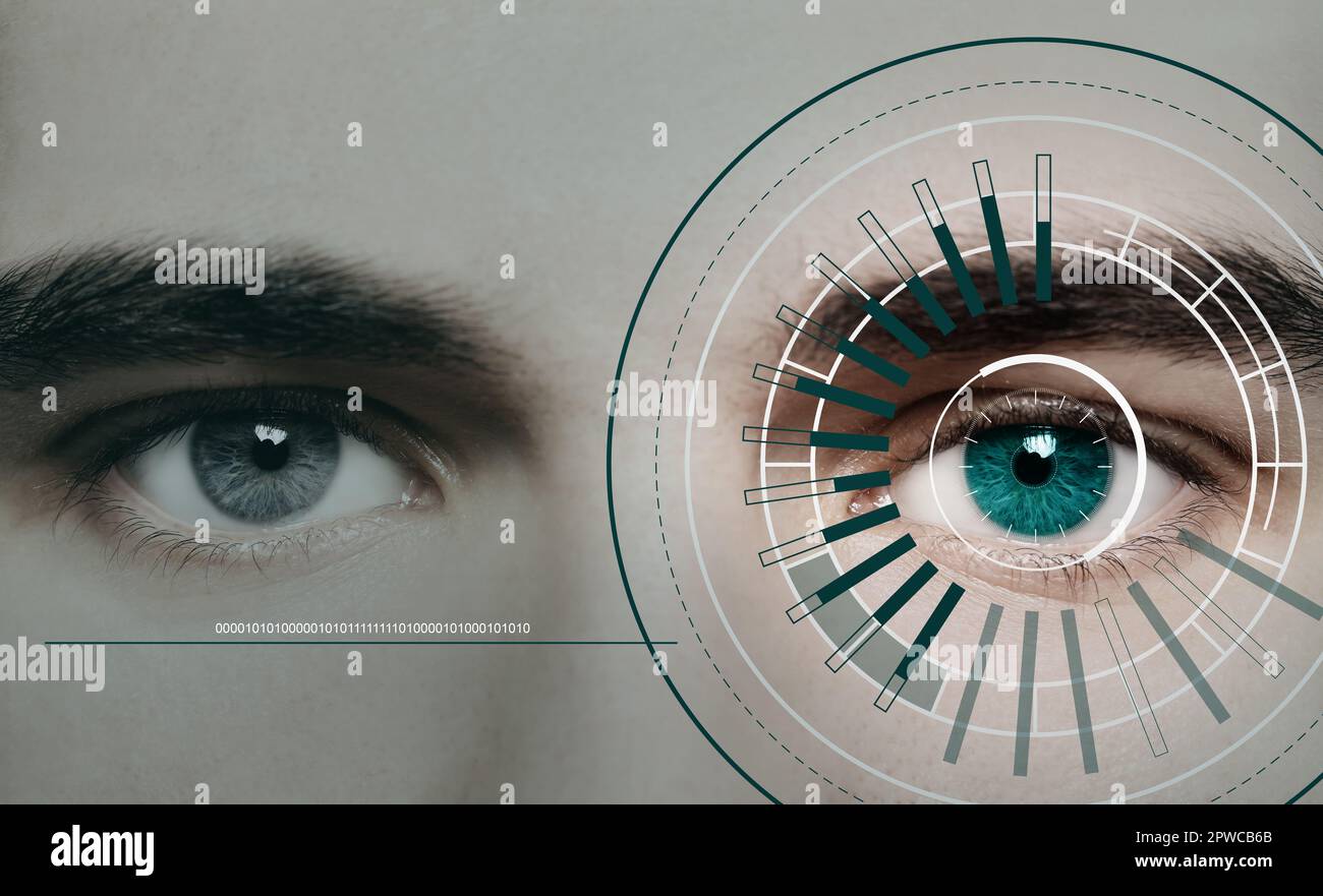 Closeup view of man in process of scanning, focus on eye Stock Photo