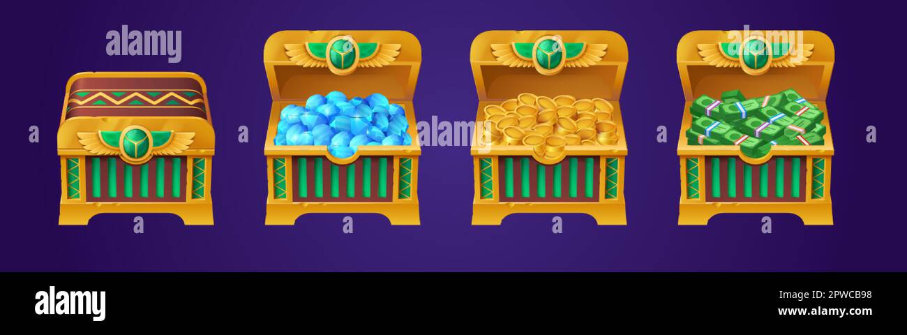 Egyptian treasure chests with gold coins, diamonds and cash. Game props icons of ancient trunks with money of pharaoh of Egypt. Golden boxes with scar Stock Vector