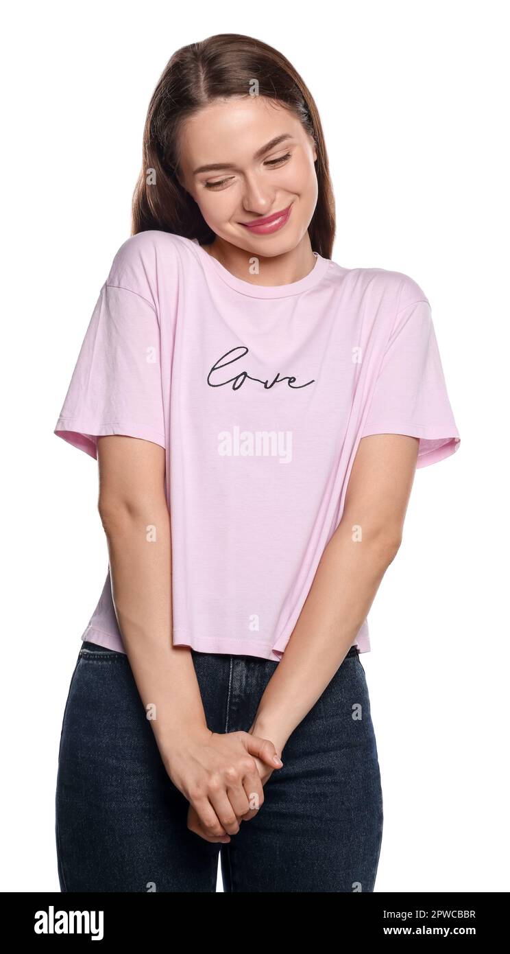 Embarrassed young woman in shirt on white background Stock Photo - Alamy
