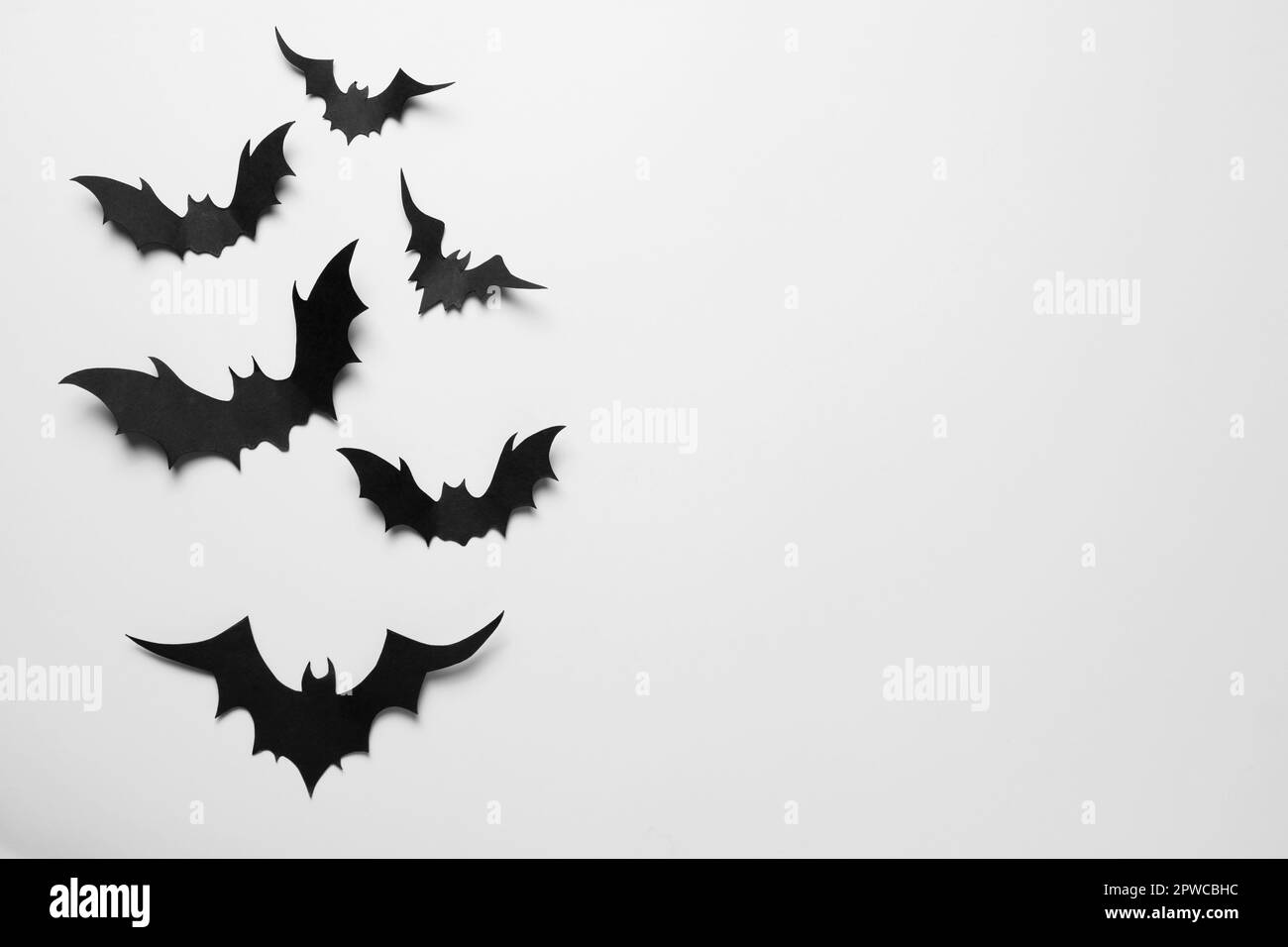 Many paper bats on white background, flat lay with space for text. Halloween celebration Stock Photo