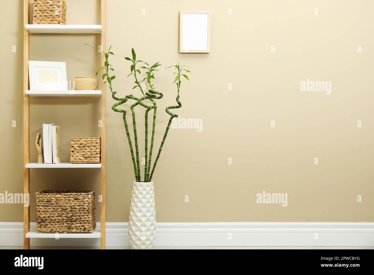 Vase with green bamboo stems and decorative ladder near beige wall in ...