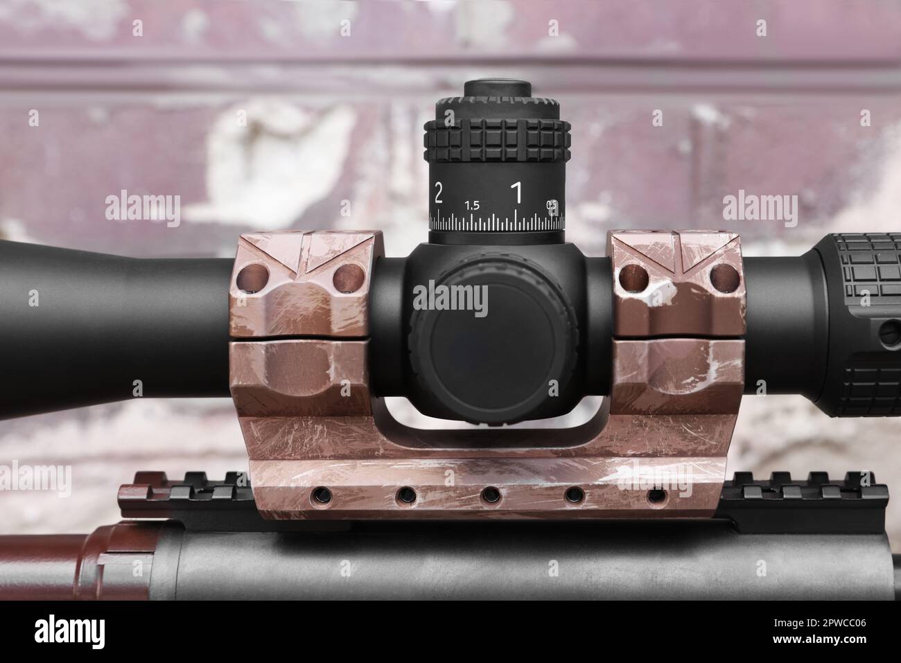 Closeup view of modern powerful sniper rifle with telescopic sight outdoors Stock Photo Alamy