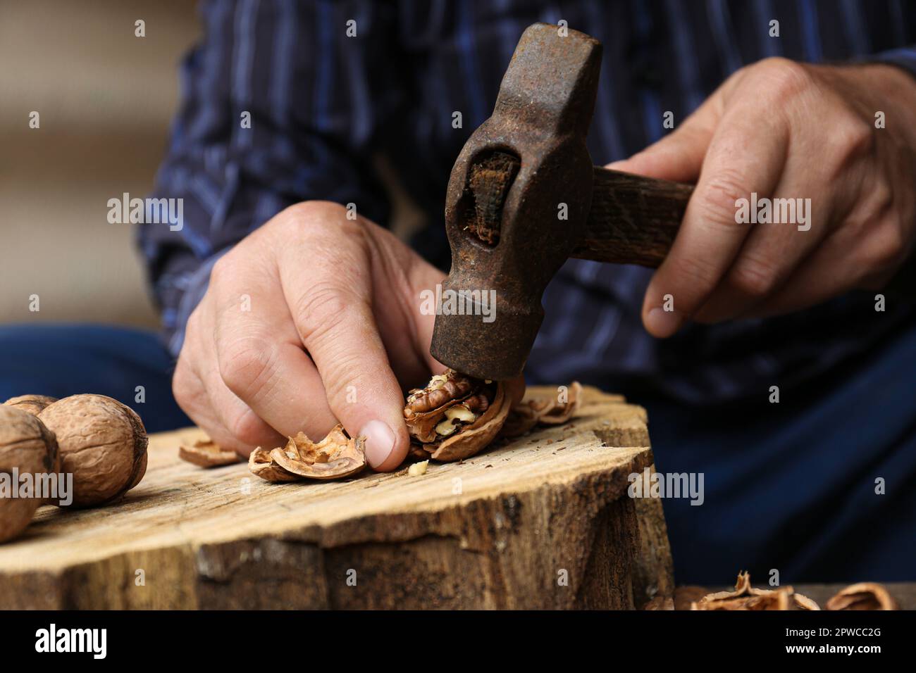 Man cracking walnuts with hammer at table, closeup Stock Photo