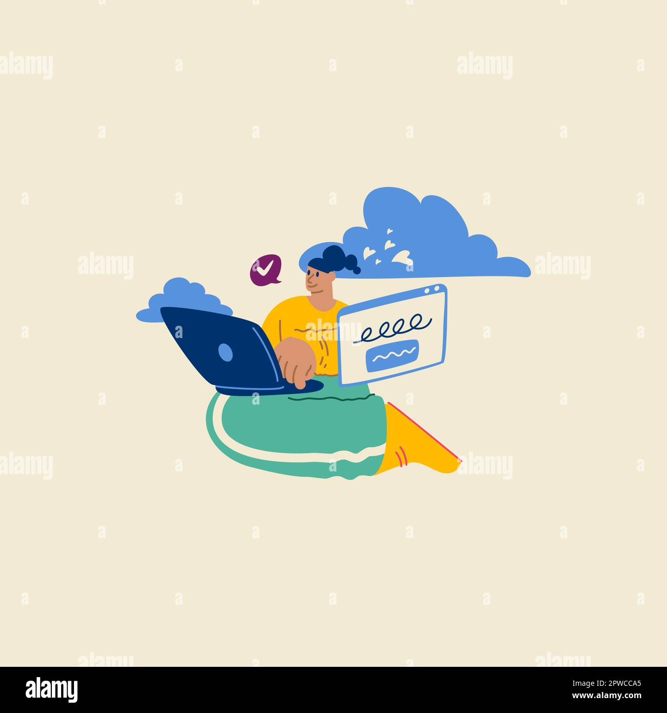 Programming Illustration. Different characters working on web and application development on computers. Funky character software developers concept. Stock Vector
