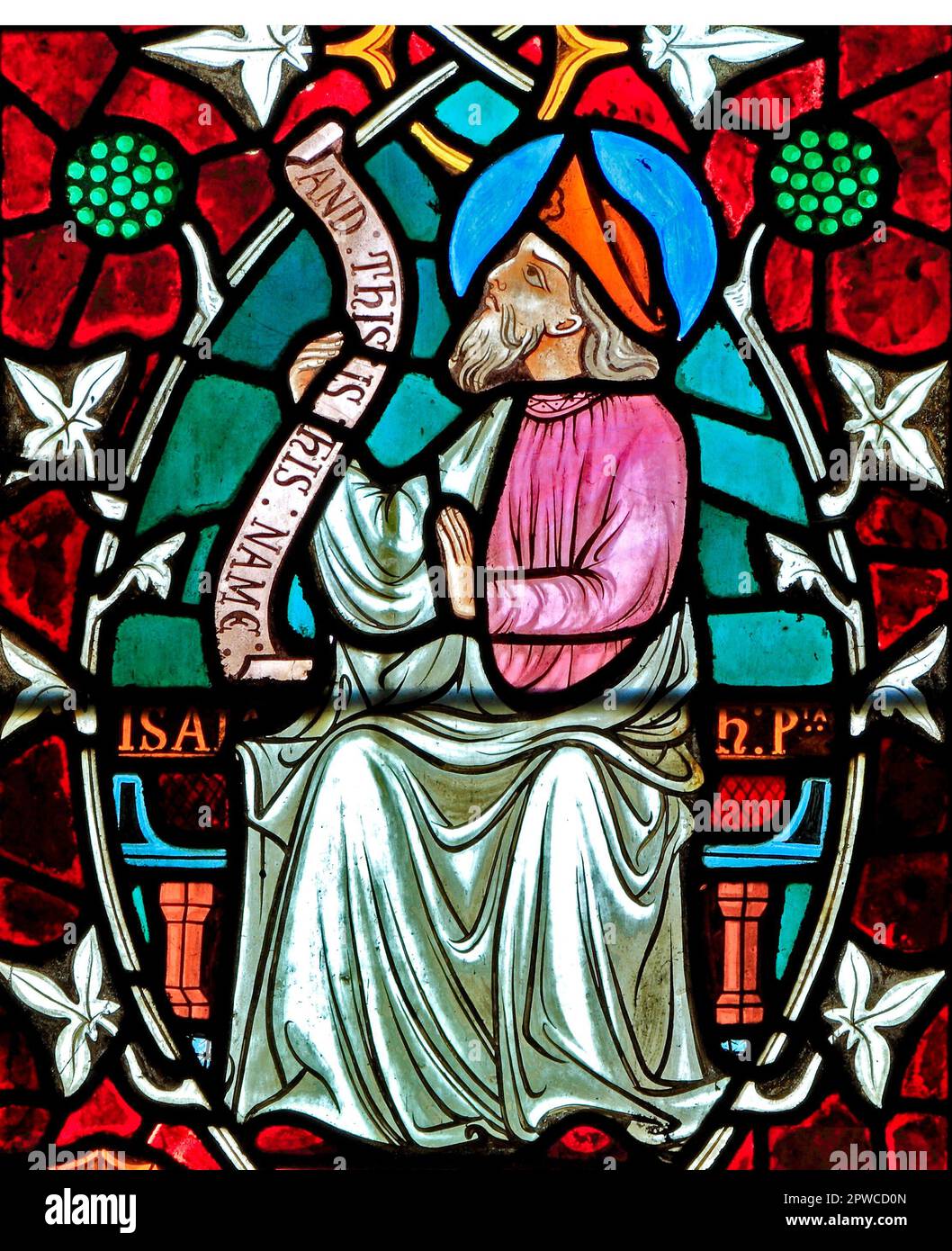 Isaah, Isaiah, Prophet, stained glass window, Old Hunstanton, detail of Tree of Jesse, stained glass window, by Frederick Preedy, 1862, Norfolk Stock Photo