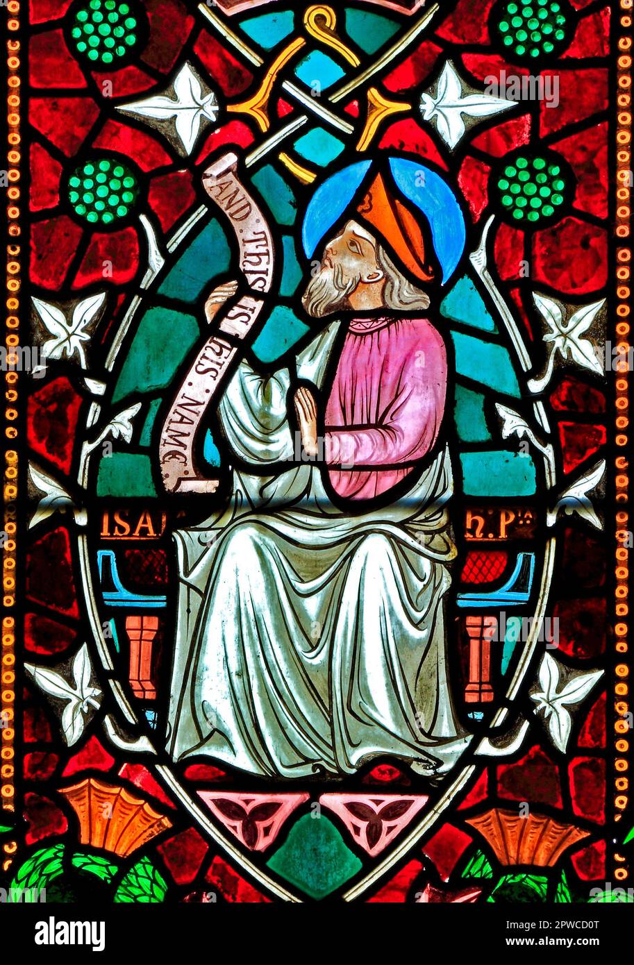 Isaah, Isaiah, Prophet, stained glass window, Old Hunstanton, detail of Tree of Jesse, stained glass window, by Frederick Preedy, 1862, Norfolk Stock Photo