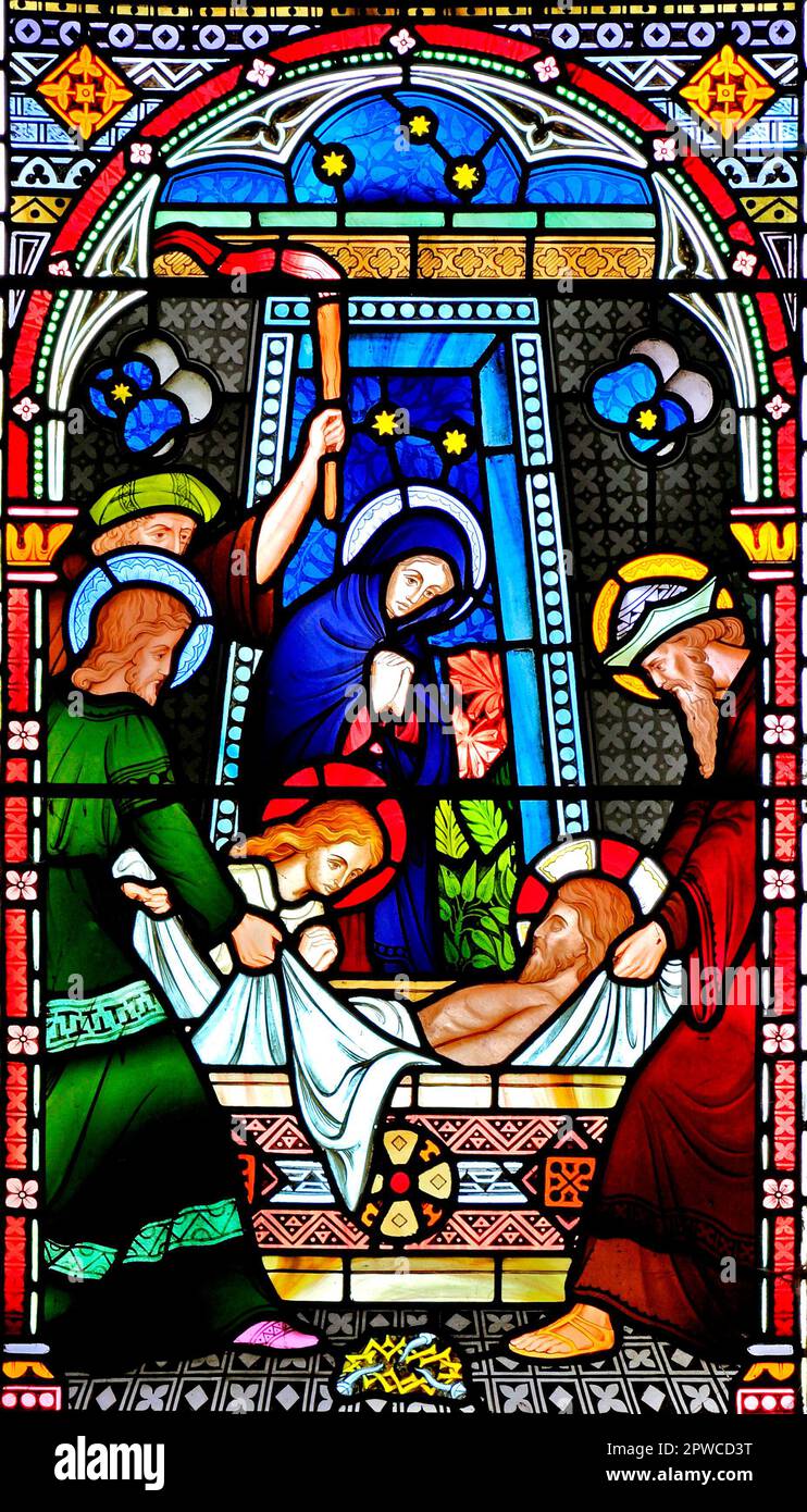 Joseph of Arimathea, and Nicodemus, lay body of Jesus in Tomb, Old Hunstanton, detail of stained glass window, by Frederick Preedy, 1867, Norfolk Stock Photo