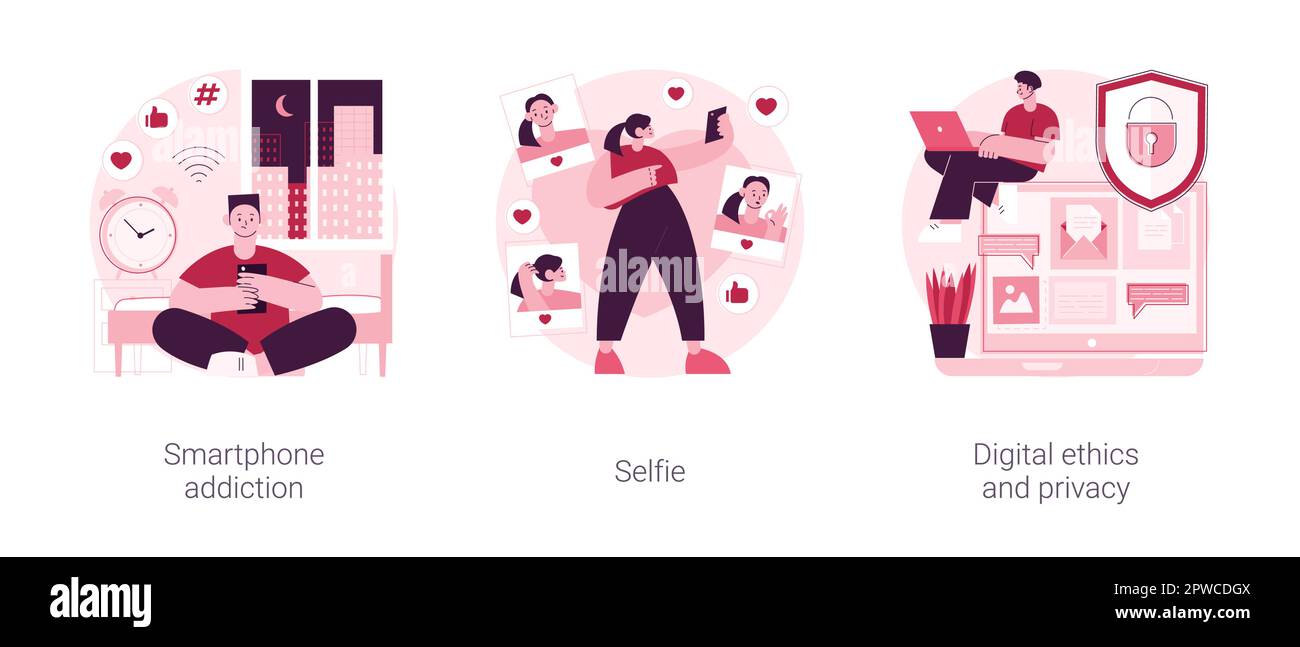 Digital behaviour abstract concept vector illustration set. Smartphone