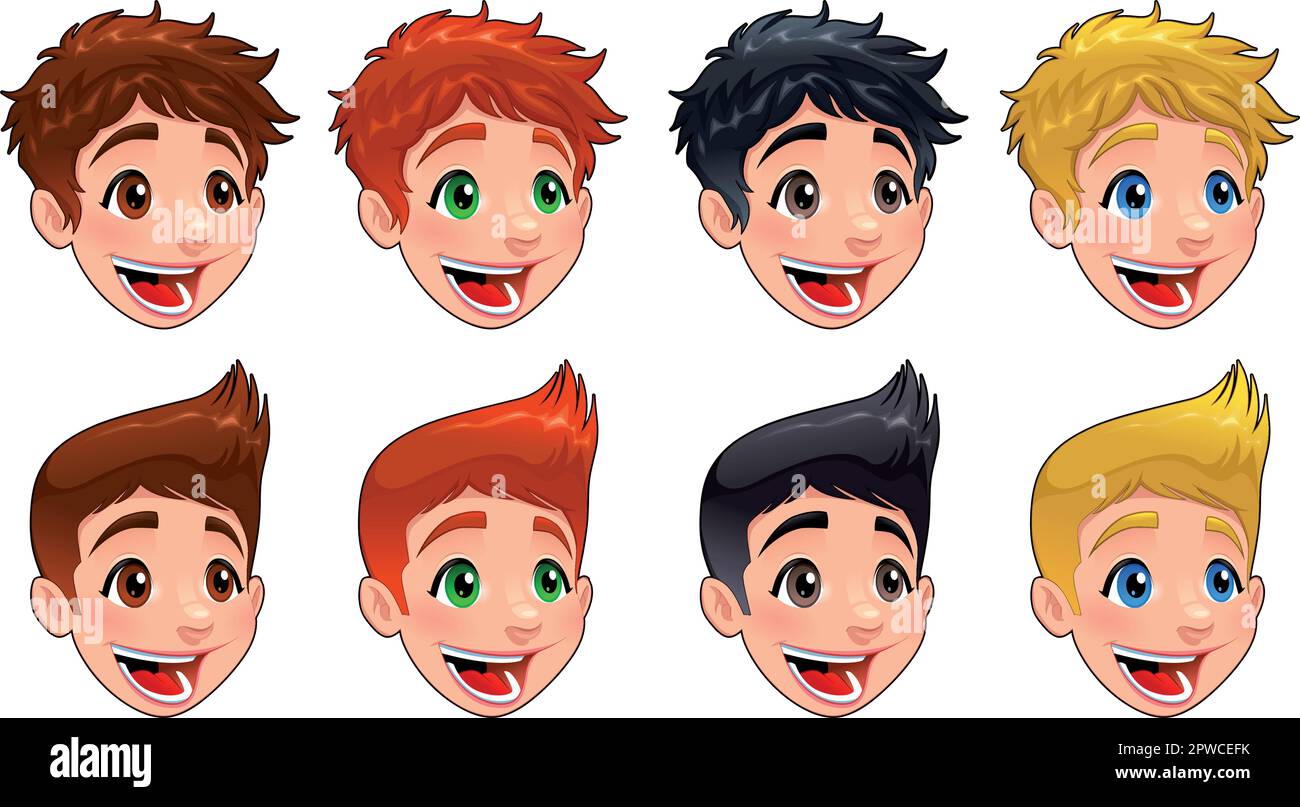 Faces of boys. Different types of hairstyles and colors. Vector isolated characters. Stock Vector