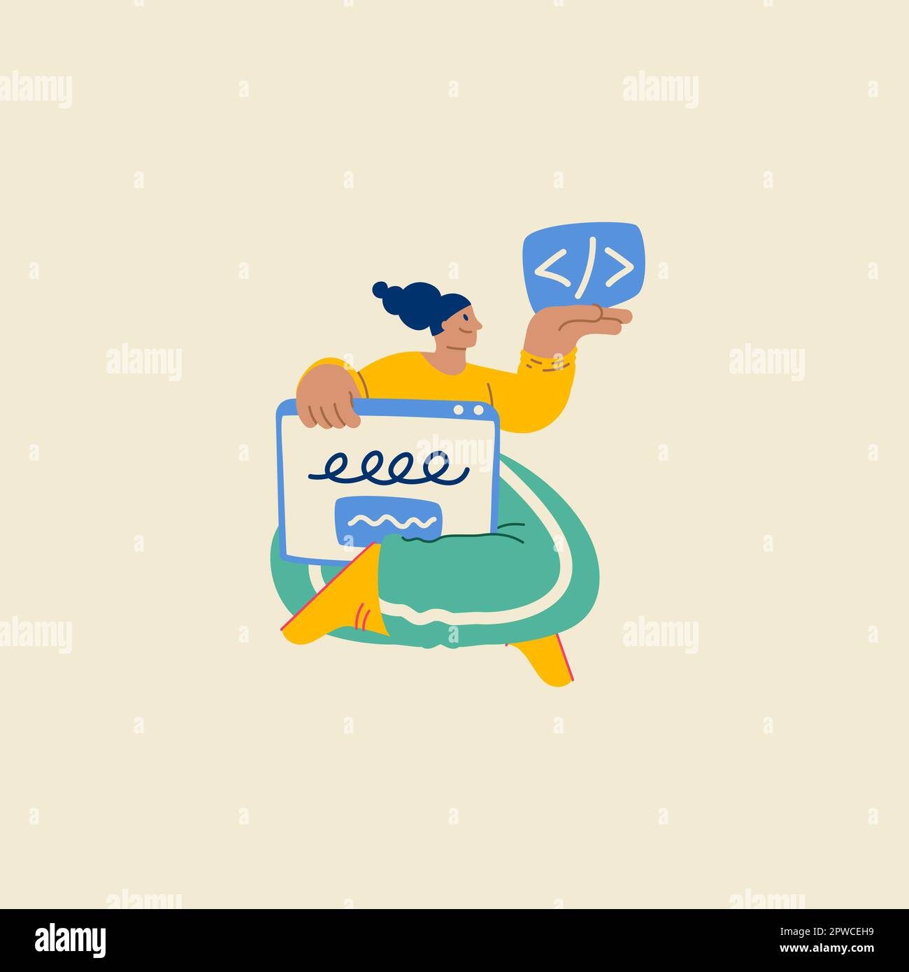 Programming Illustration. Different characters working on web and application development on computers. Funky character software developers concept. Stock Vector