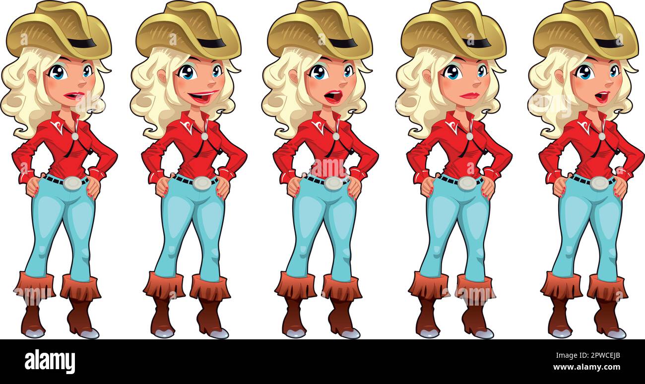 Cowgirl talking. Funny cartoon and vector isolated characters. Stock Vector