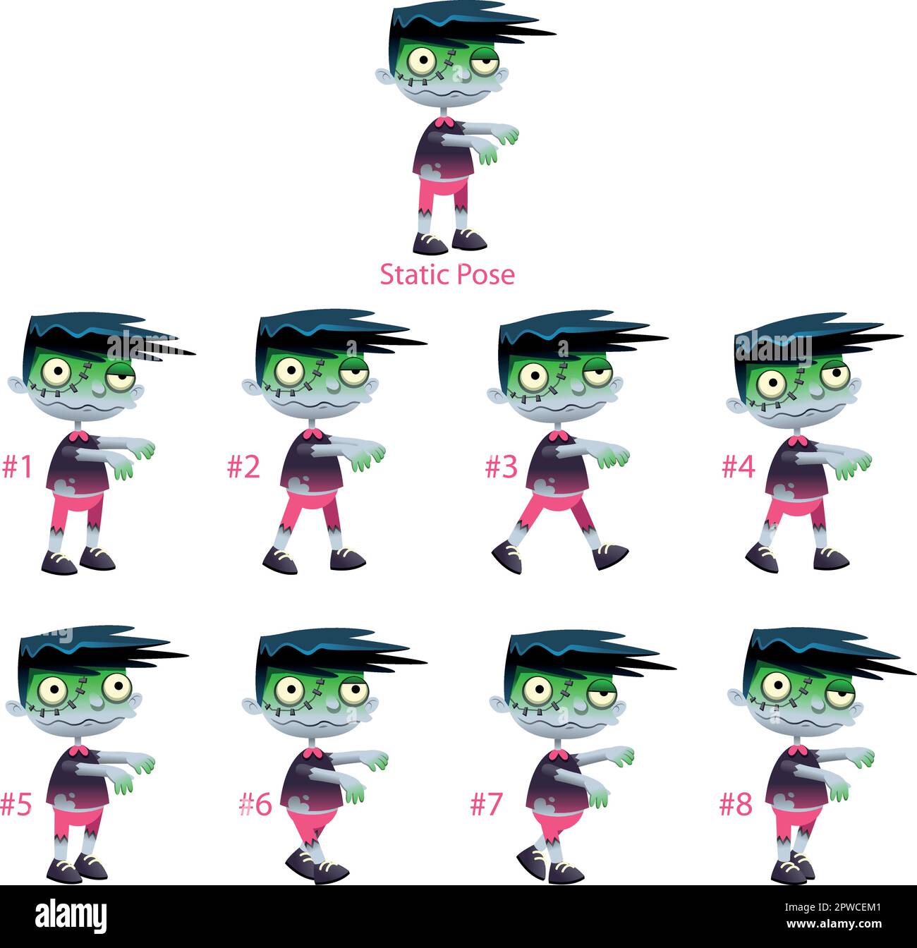 Animation of Zombie walking. Eight walking frames + 1 static pose