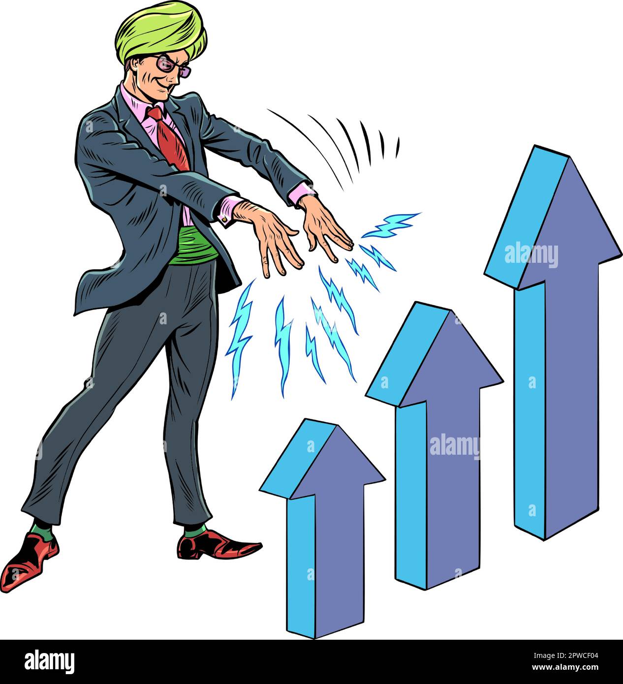 Financial fakir magician magician swindlers and sorcerers. Manipulations with stocks and investments. A man in a turban and a suit affects the growth Stock Vector
