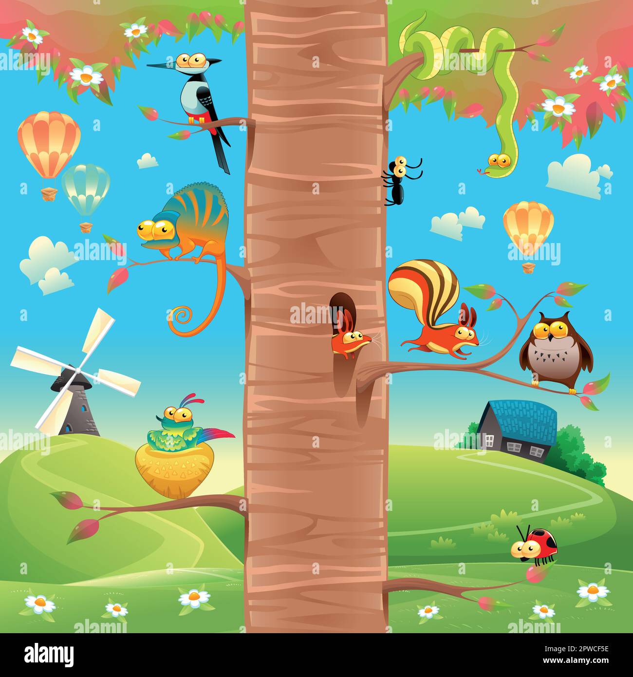 Funny animals on branches. Cartoon and vector scene, isolated objects. Stock Vector