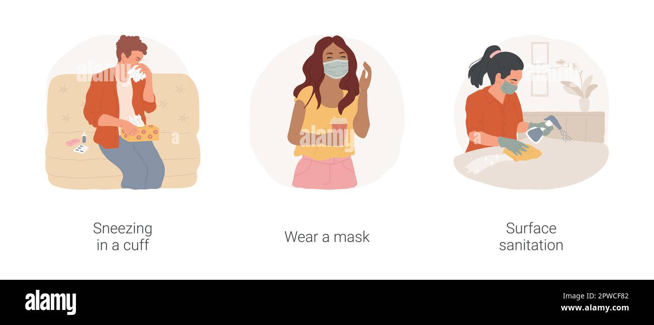 Sickness hygiene isolated cartoon vector illustration set. Sneezing in a cuff, use handkerchief