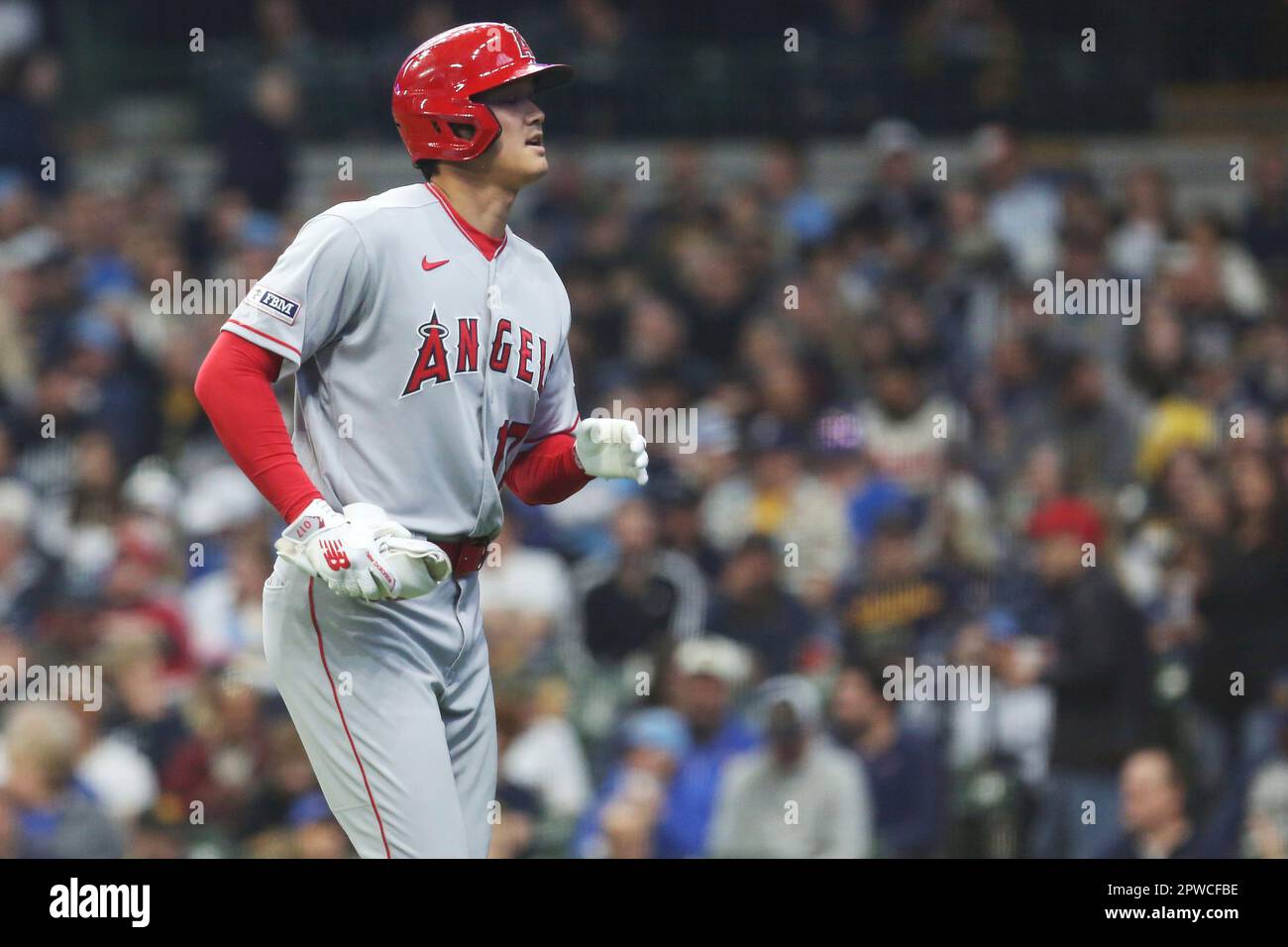 MILWAUKEE, WI - APRIL 29: Los Angeles Angels designated hitter Shohei  Ohtani (17) jogs off the field during a game between the Milwaukee Brewers  and the Los Angeles Angels on April 29