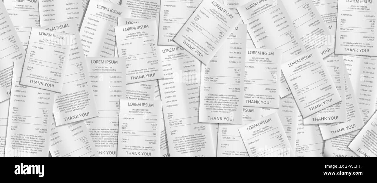 Pile of paper receipts, payment bank checks. Background with heap of