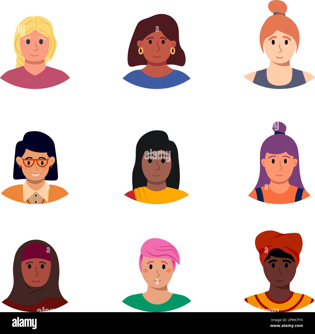 Set Of Different Women Portrait. Divercity Of Girls Faces. Vector Flat Illustration Stock Vector