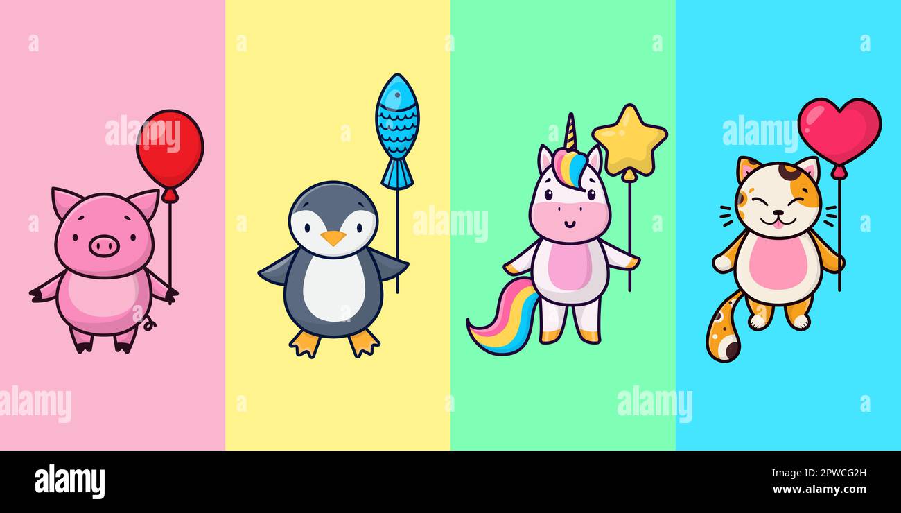 Cartoon illustrations of animals on a colorful background. Cute penguin, little piggy, pink unicorn, happy kitten. Vector illustration Stock Vector