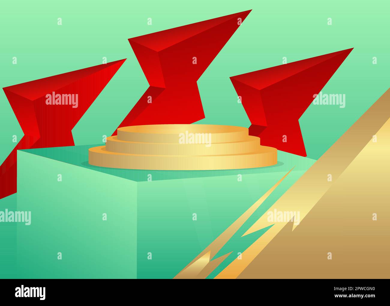 Gold, red and turquoise stage showcase for presentation. Abstract