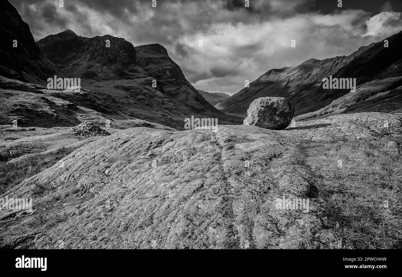 View of the Three Sisters in black and white, Glencoe, Highlands