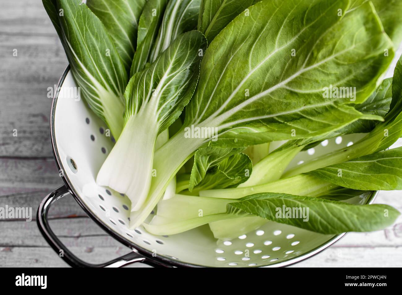 Freshly washed leaves of pak choi, Chinese mustard cabbage Stock Photo