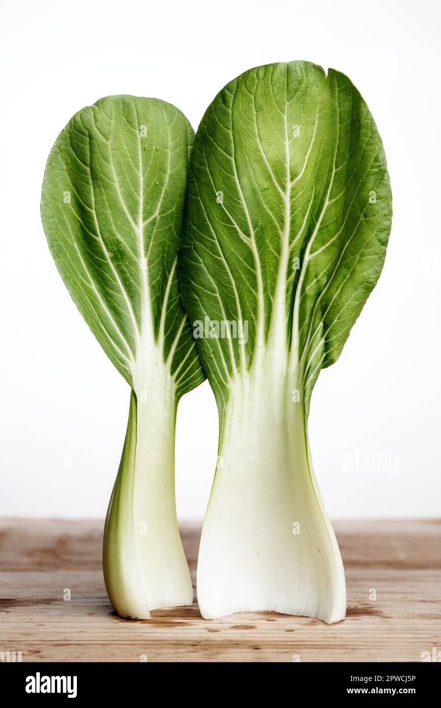 Freshly washed leaves of pak choi, Chinese mustard cabbage Stock Photo