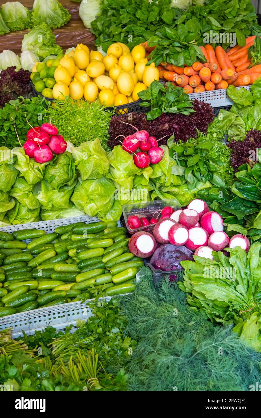 Vegetables and herbs at a market in Istanbul Stock Photo